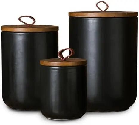 

Набор черных керамических контейнеров JOJUNO - 3 герметичных банки для хранения продуктов с деревянными крышками для кухни