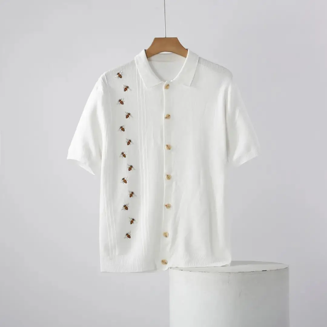 

High-End Knitting Proc Ice Silk f Sve T-irt for Men Summer New Faion Loose Fit Ne ort Sve Top