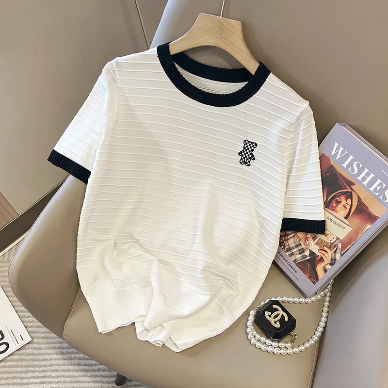 2023 summer Sweater new cotton T-shirt women casual pullover knitted sweater short sleeve round neck Oversized striped top