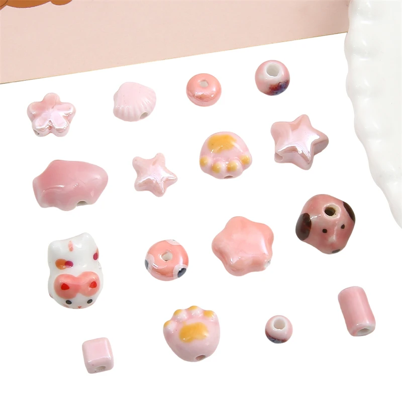 Handmade Pink Color Ceramic Beads Porcelain Heart Star Shell Flower Fish Beads for Necklace Bracelet DIY Jewelry Craft Making