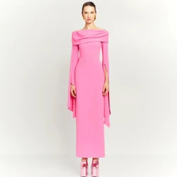Simple Sorority Formal Dress Pink Jersey Pleat Evening Gowns Column&Sheath Off the shoulder Maxi Evening Dresses 2024