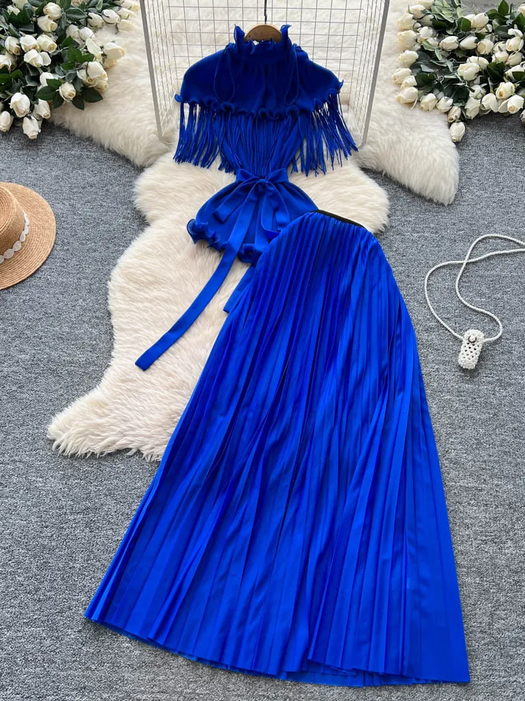 

Женский плиссированный комплект, юбка с высокой талией и топ с завязкой на талии, модный костюм из двух предметов, офисная повседневная одежда