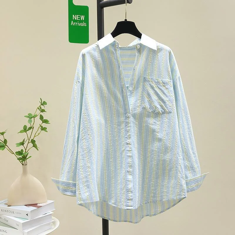 

Striped Shirt Long Sleeved Loose and Versatile Women's Spring and Summer Loose Breathable Sunscreen Shirt Top