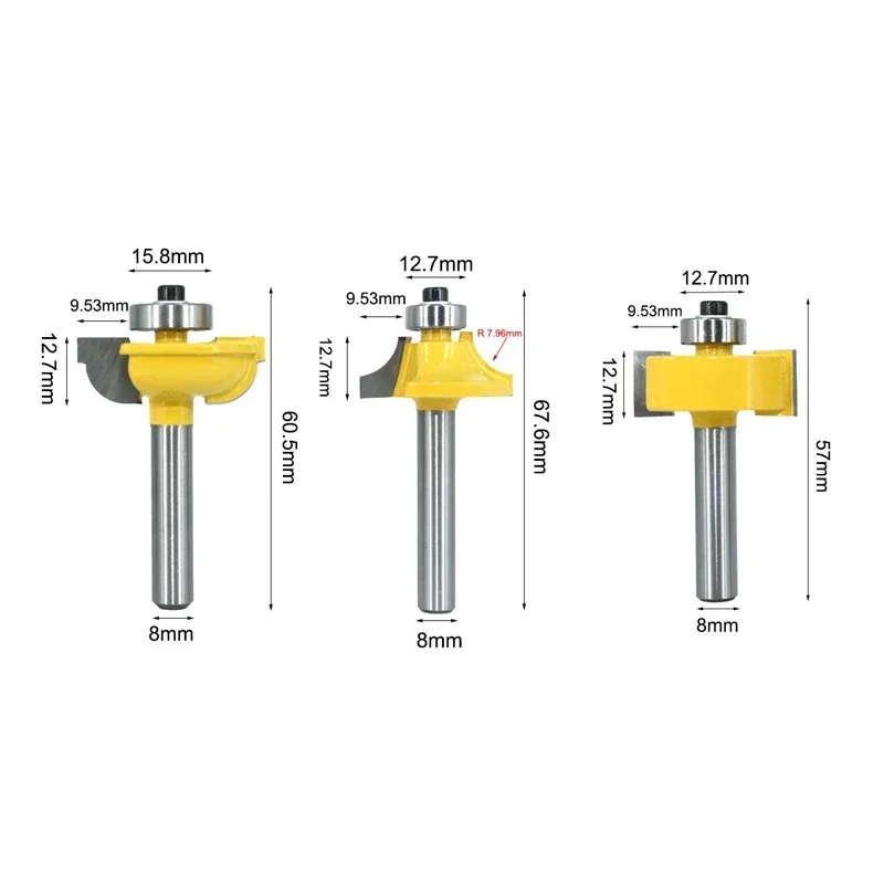 3PC/Set 8MM Shank Milling Cutter Wood Carving Router Bits Set Beading Bit Round Over Bead Frame Door T V Shape Milling Cutter