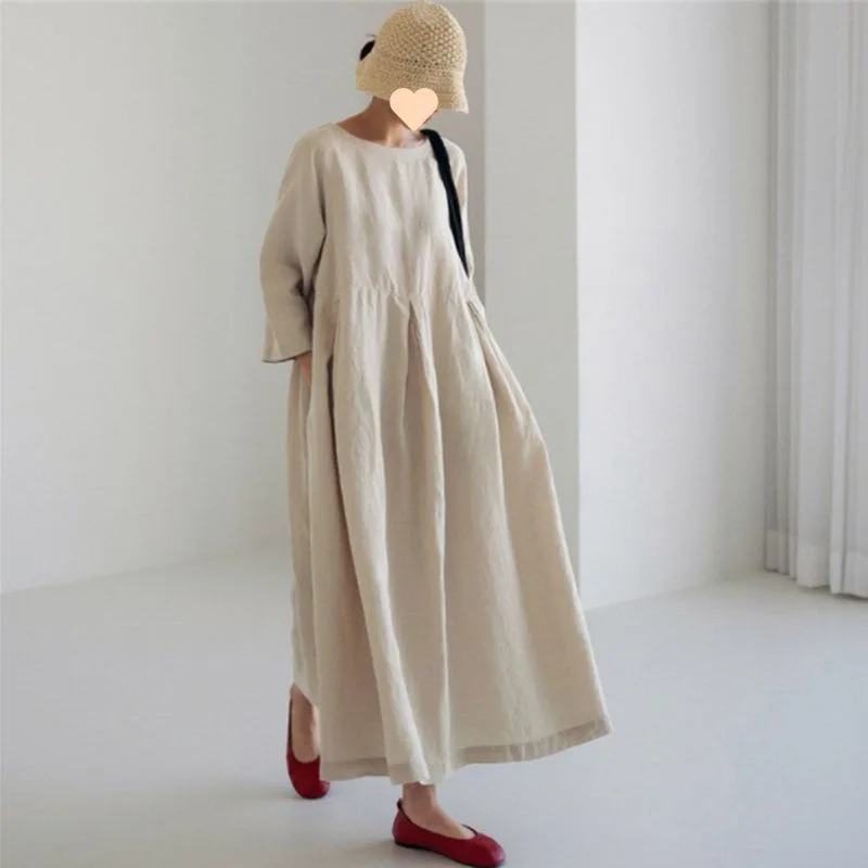 

Retro Loose Fit over Knee Cotton Linen round Neck Pure Color Women's Dress Large Size New Style Forest System Long Dress