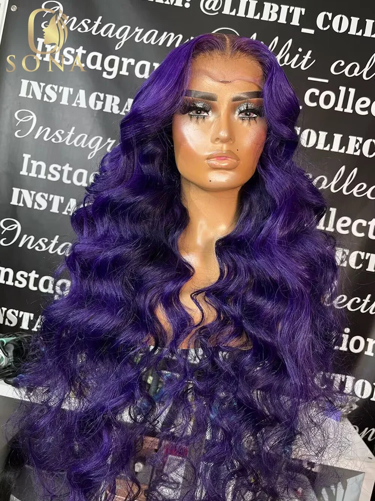 

180% 13x4 Transparent Lace Frontal Wig Human Hair Dark Purple Body Wave 13x6 Lace Front Wigs For Women 30inch 32inch Straight