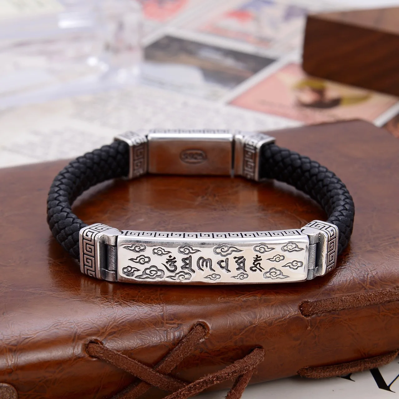 European and American retro punk six character mantra bracelet accessories, black hand woven leather rope bracelet, personalized