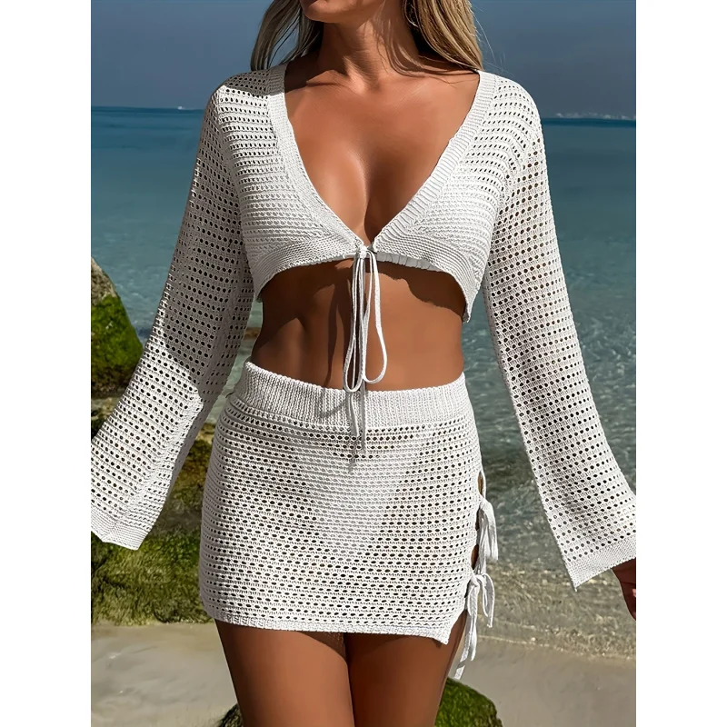 MOXDOHalf skirt and overskirt set2Two-piece set with long-sleeved short top  beach vacation style, casual for pool and seaside