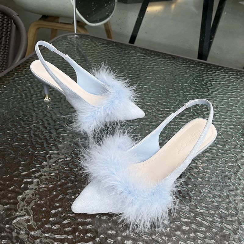 Women Real Ostrich Hair Heel Slippers Female Fashion Furry Slippers High Quality Non-slip Sexy Slippers Ladies Party Heel Shoes