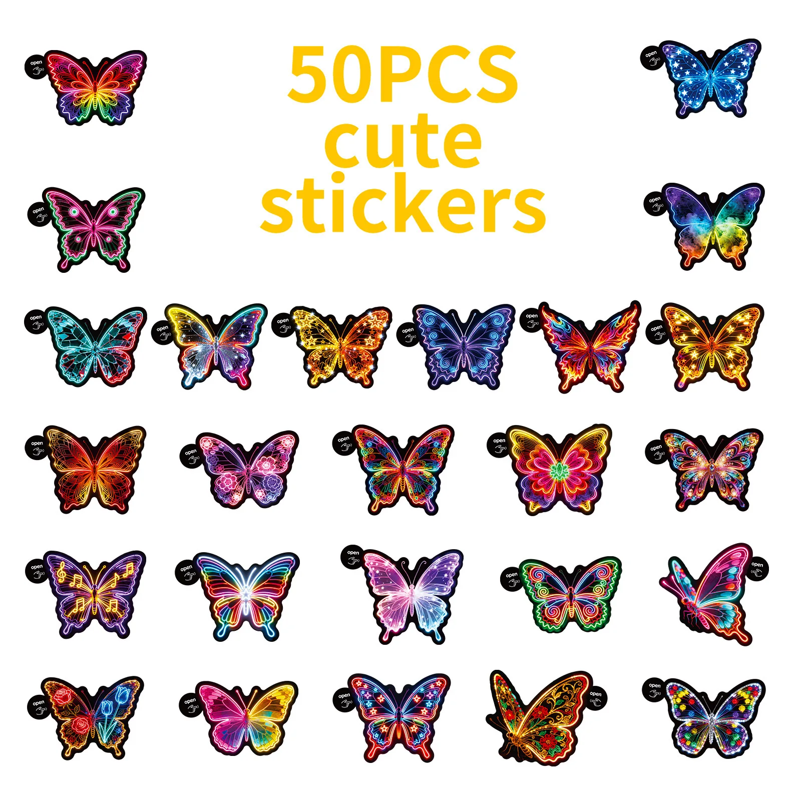 50/100PCS Neon Rainbow Butterfly Doodle Stickers, Easy-Peel Kids DIY Decals for Office School Supplies Notebook Phone