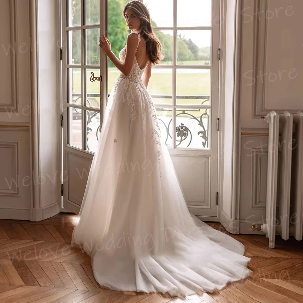 Charming A Line Women's Lace Appliques Spaghetti Strap Wedding Dresses Robe De Mariée Customized Bride Gowns Vestido De Novia