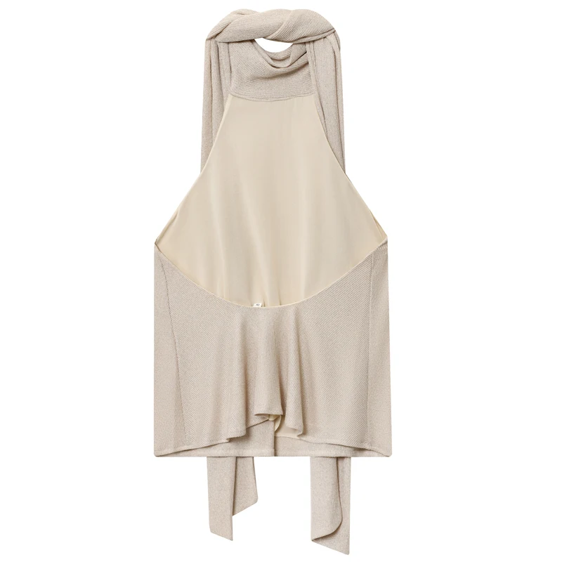 HXAO クロップド ホルターネック トップス レディース 秋 2025 セクシー タンク＆キャミソール レースアップ ノースリーブ バックレス メタリック糸 タンクトップ リゾート ベスト