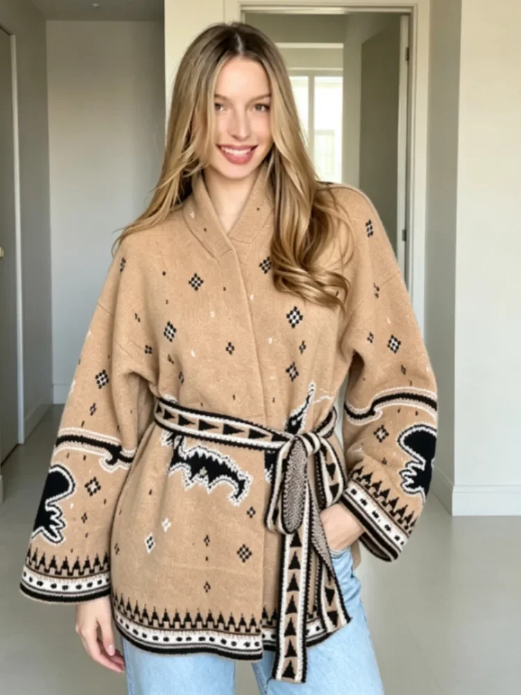 Vintage Pattern Wrap Cardigan V Neck Long Sleeve Belted Waist Tie Loose Fit Outerwear Women Chic Fall Winter Street Daily Wear