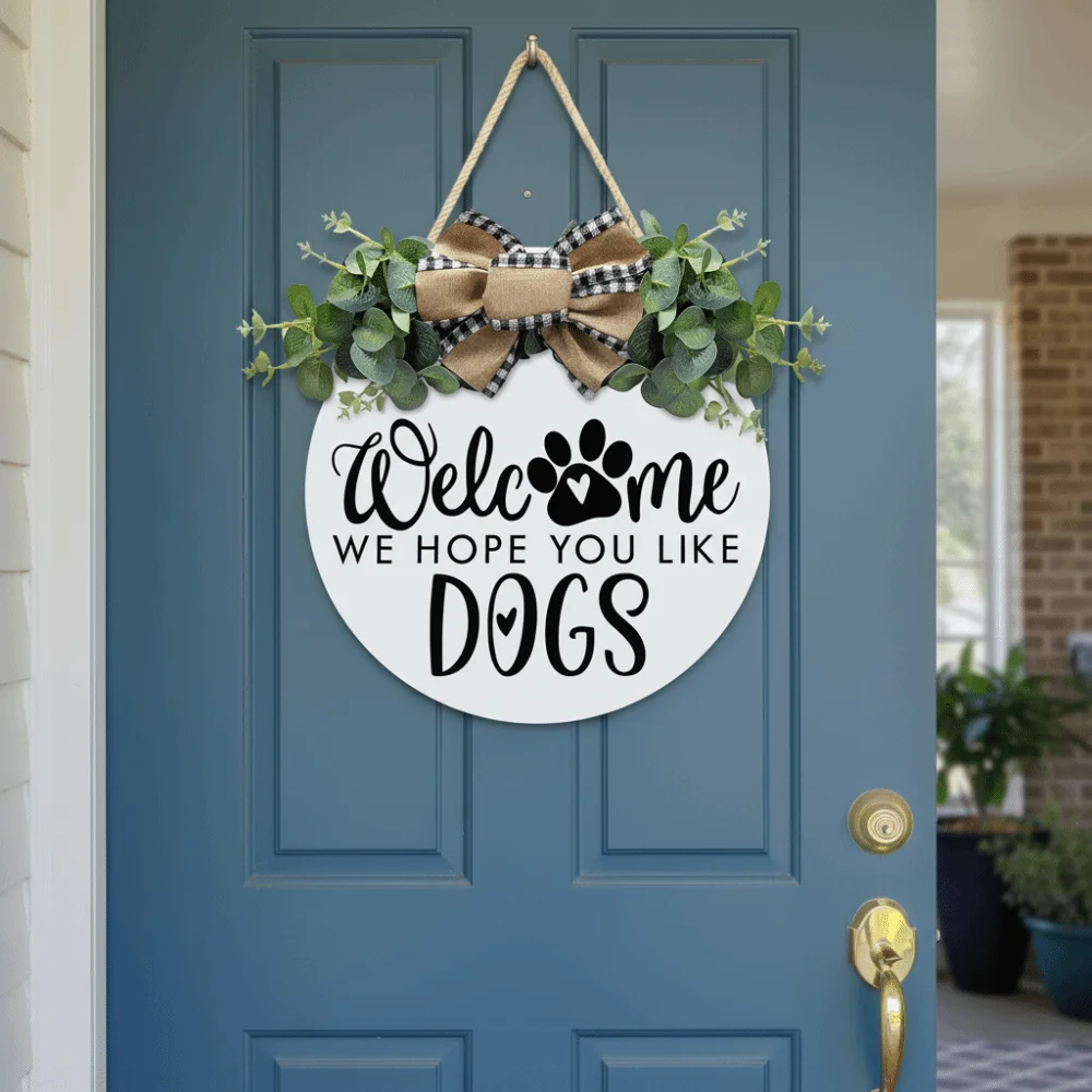 Garlands 2D Flat Welcome Sign Wooden Flower Hanging Decoration Bow Knot Round Shape Wall Art Outdoor Decor
