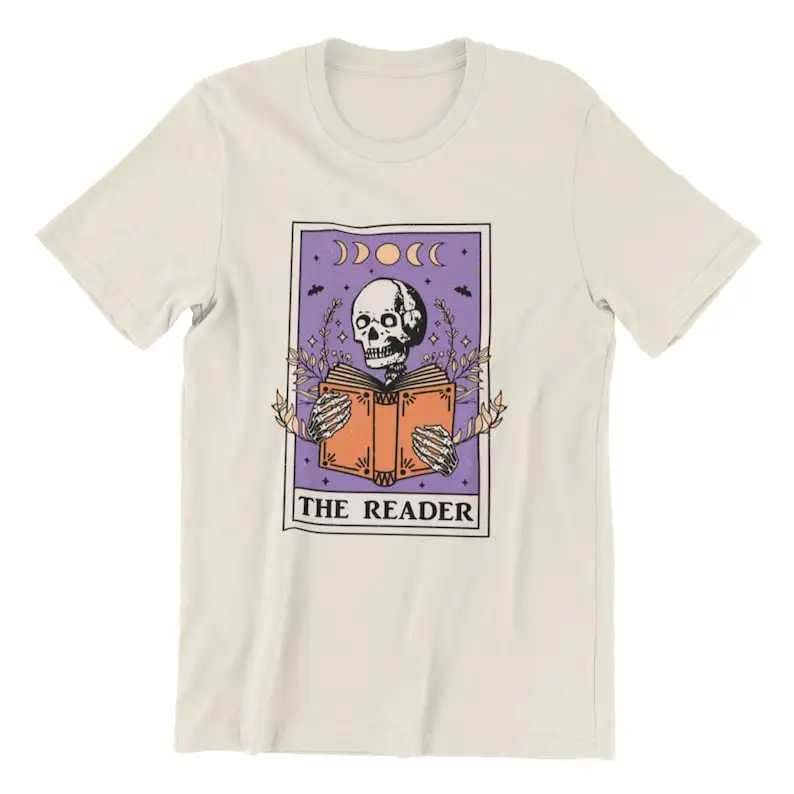 القارئ الهيكل العظمي بطاقة التارو قميص الهيكل العظمي كتاب قميص Bookish قميص دودة الكتب المحملة هدية لمحبي الكتاب مهووس التارو #3