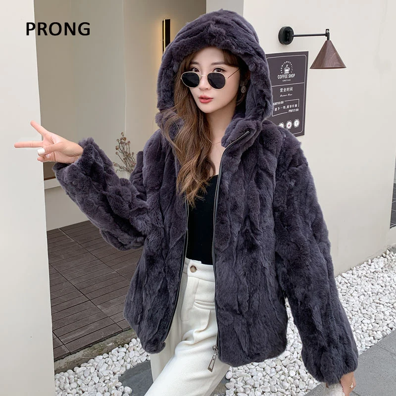 100% Real Rabbit Fur Coat Women Winter Loose Hooded Zipper Natural Fur Jacket Thick Warm Woman Clothing Female Furry Outerwears