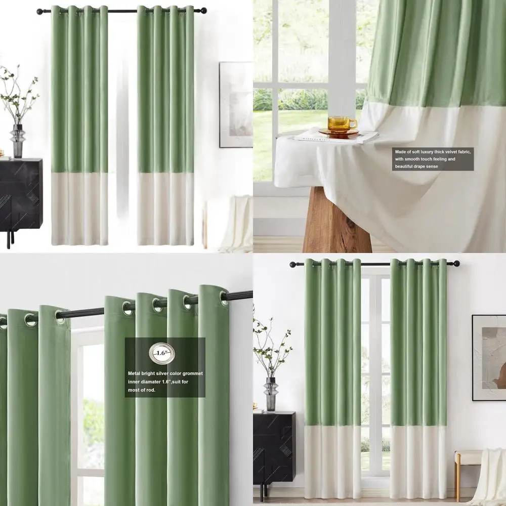 

Sage Green & Ivory Velvet Curtains, 102 Long, Grommet Top, Set of 2 for Farmhouse Style Rooms