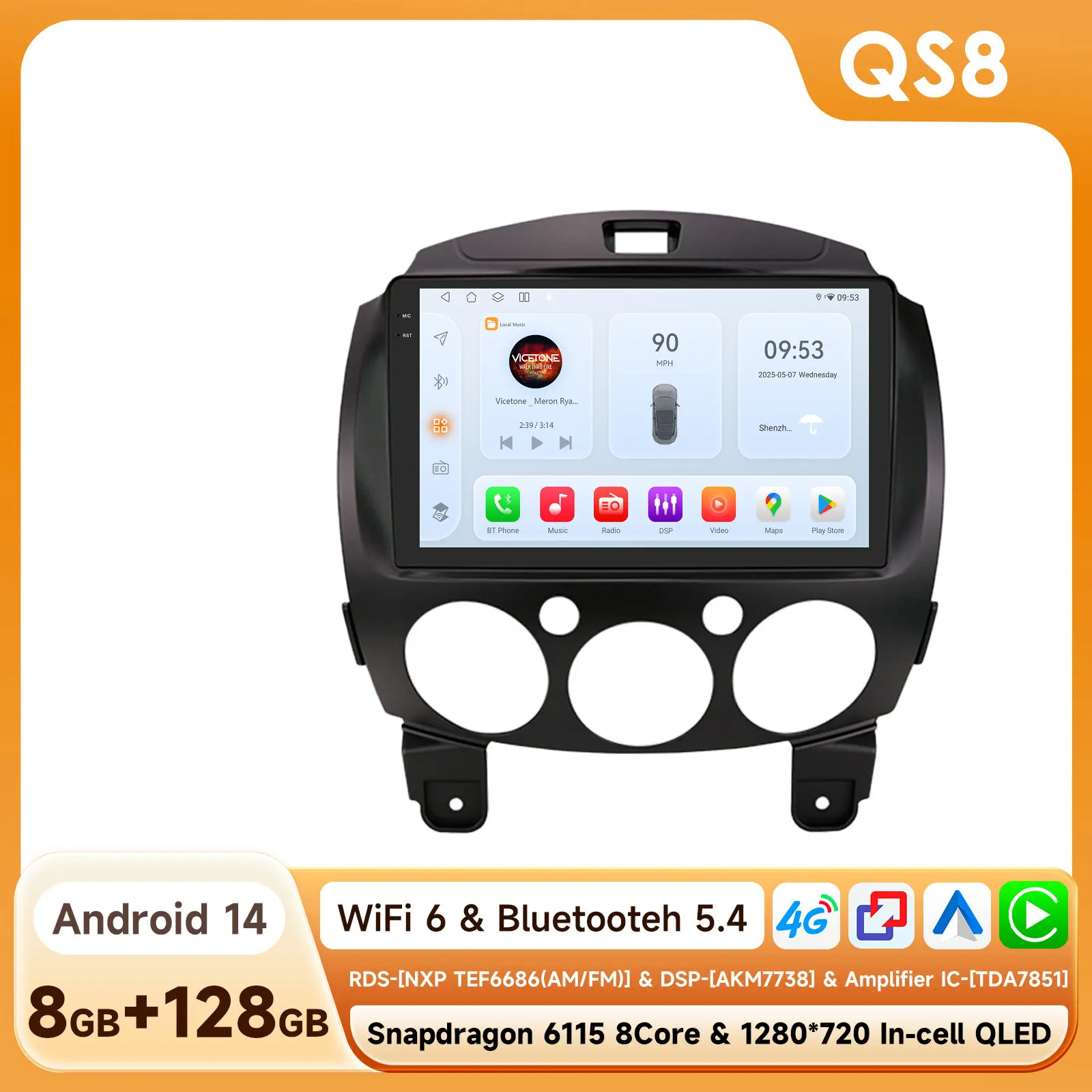 Auto Multimedia Video Player voor MAZDA 2 2007-2014 Android 14 DSP Carplay Stereo GPS Navigatie 2din BT 4G 9 ''door Snapdragon 6115