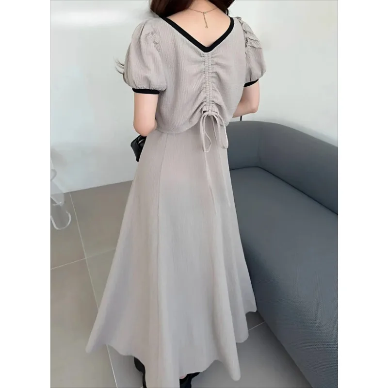 

2026 Summer New Japanese Sweet Girls Ruffle Color Block Drawstring Top and High Waist Sleeveless Long Dress Two-piece Set