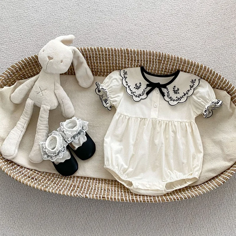 INS Summer Baby Girl Romper Short Sleeve Embroidery Flower Peter Pan Collar Bow Bodysuit Cotton One-Pieces Outfits Clothes 0-24M