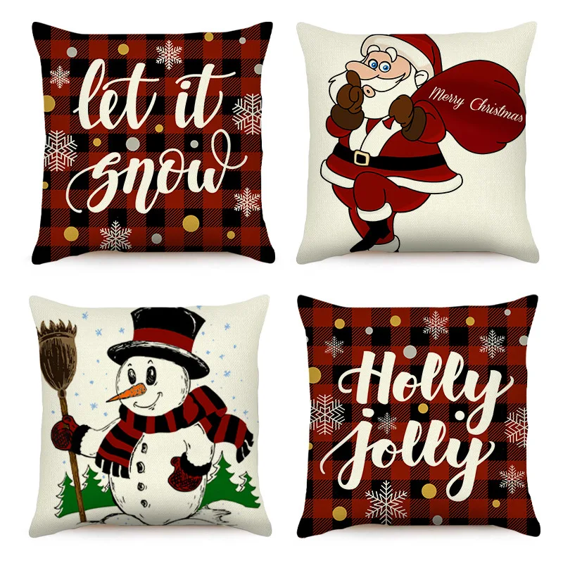 Christmas Throw Pillow Covers 45x45cm Set of 4,Xmas Snowman Santa Elk Buffalo Plaid Red Merry Christmas Winter Holiday Decor