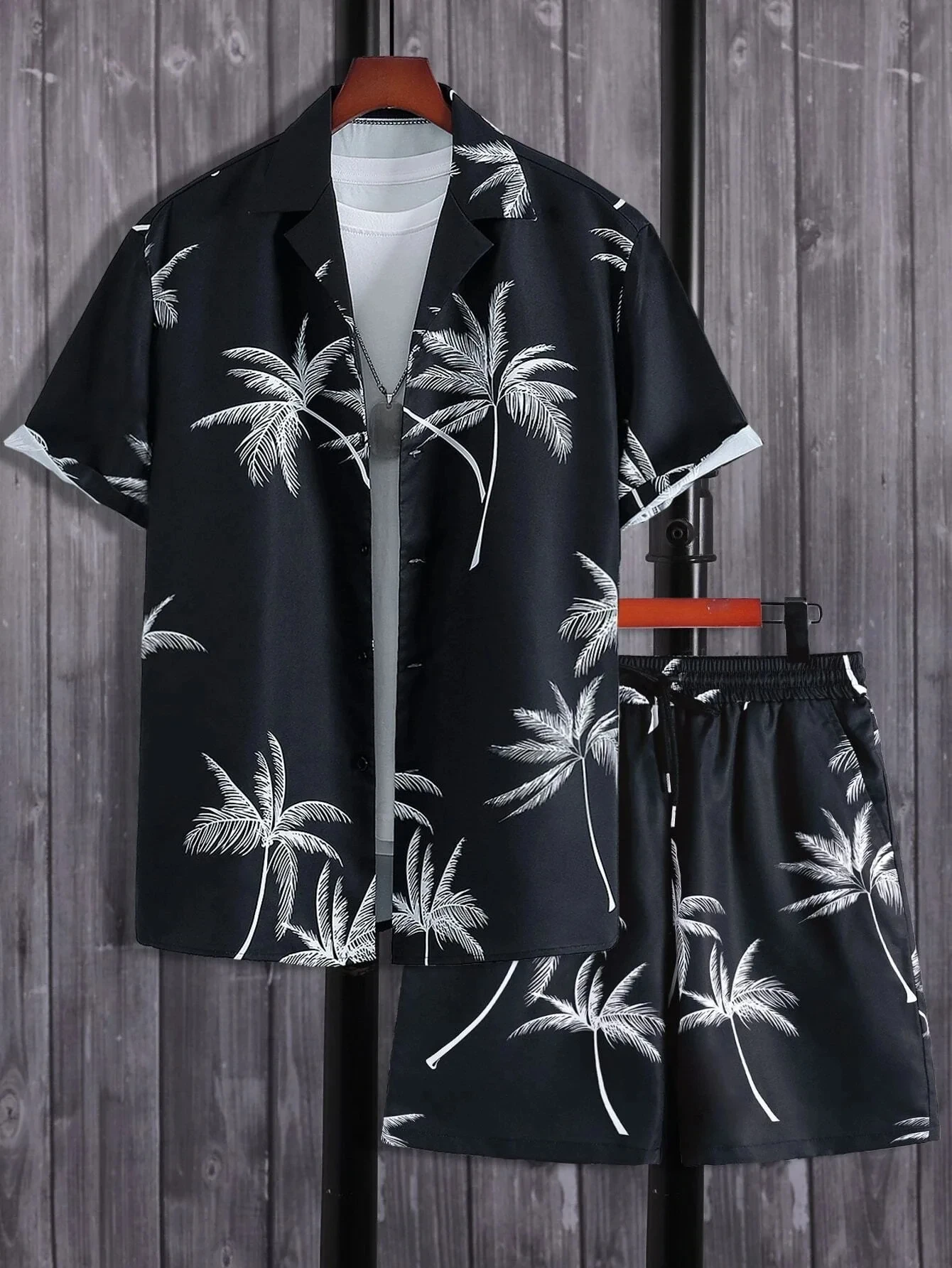 Kokosnussbaum-Print Hawaii-Hemd und Shorts Set für Herren Kurzarm-Oberteil + Shorts Outfit Sommer Strand-Stil Herrenanzug Freizeitkleidung