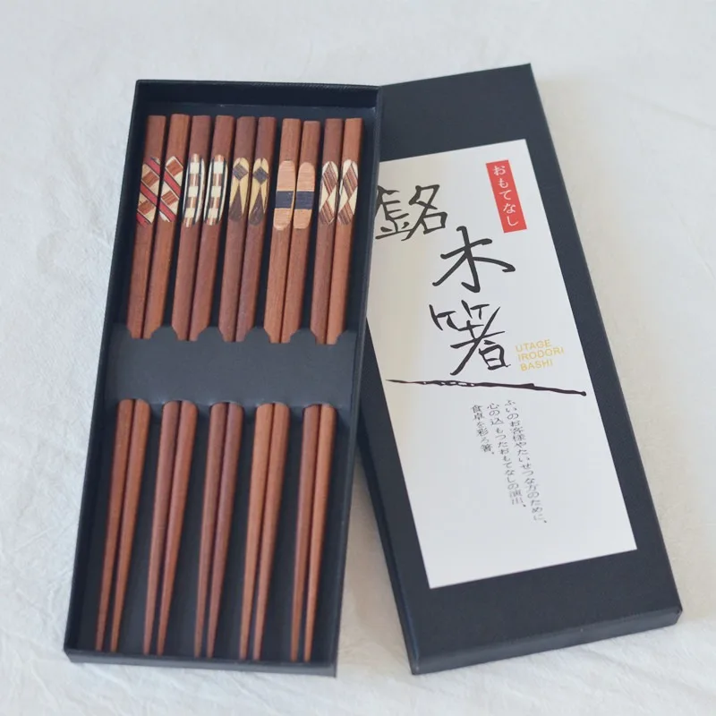 Korean Ironwood Chopsticks 5pair Gift Set Solid Wood Creative Stickers Pointed Chopsticks Eco-friendly Wooden Kitchen Tableware