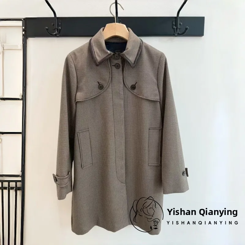  Leather Windbreaker Coat with Color Blo Ba Pleated Design Turn down Collar Long Sve Women's Mid-Length Jaet