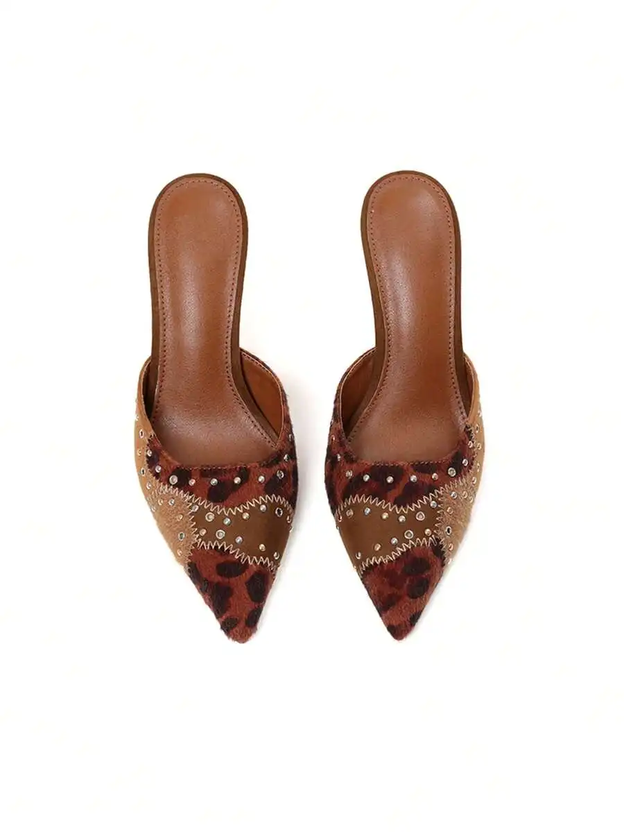 

Suede Pointed Toe Mule Heels For Women Slip On Studded Dress Party Shoes