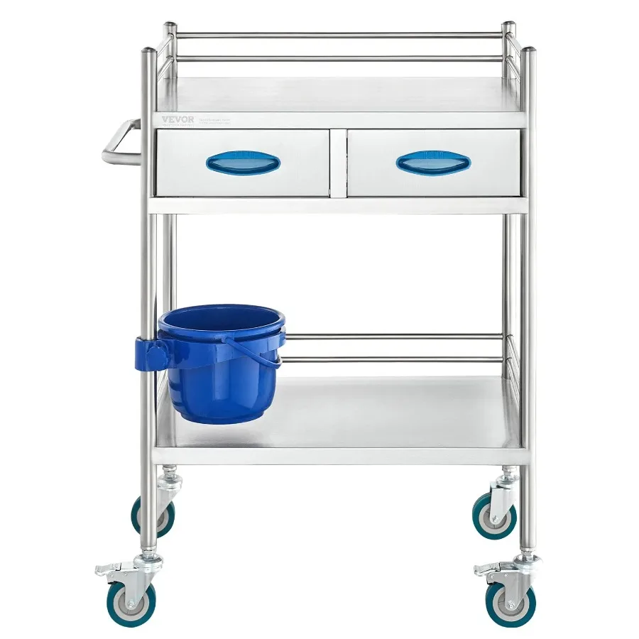 

Lab Serving Cart 2 Layers Stainless Steel Utility Rolling Cart Medical Cart with Two Drawers Dental Utility Cart with Lockable