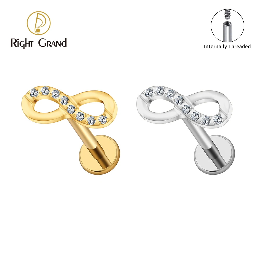 Right Grand Pendiente de titanio ASTM F136 con símbolo de infinito y circonita cúbica, 16 g, para cartílago, hélix, trago, rosca interna, parte trasera plana, piercing para labio.