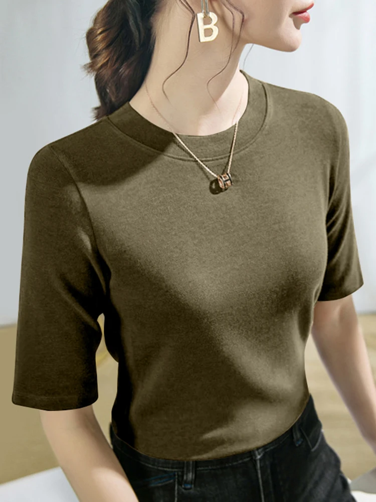 

Женская базовая футболка с круглым вырезом и рукавом до локтя, свободного кроя, в корейском стиле, для повседневной носки, осенняя новинка
