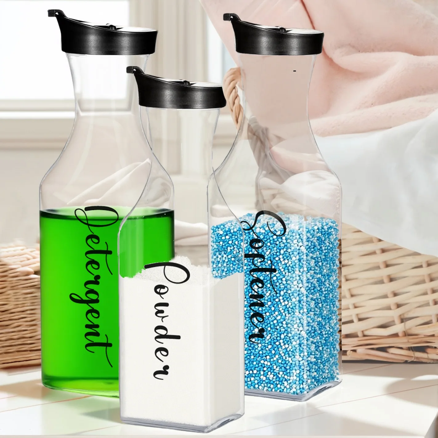 Dispensador de detergente para ropa con etiquetas y tapas negras, botella recipiente para líquido de lavandería de 1000 ml, ideal para detergente en polvo