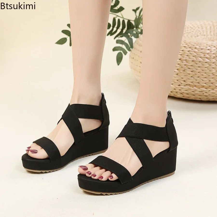 

New Wedge Sandals for Women 2024 Summer Fashion Cross-strap One Word Roman Shoes Ladies Chunky Soled Back Zip Peep Toe Sandalias