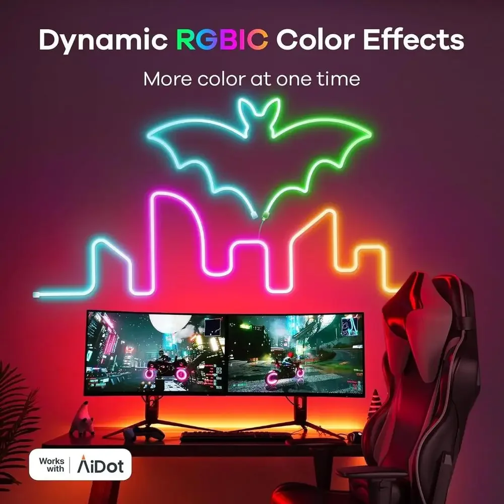 Dynamic RGBIC LED Neon Rope Light Indoor Music Sync 11 Modes 45  Preset Scenes Colors Shapes Voice Control IP67 Water-Resistant