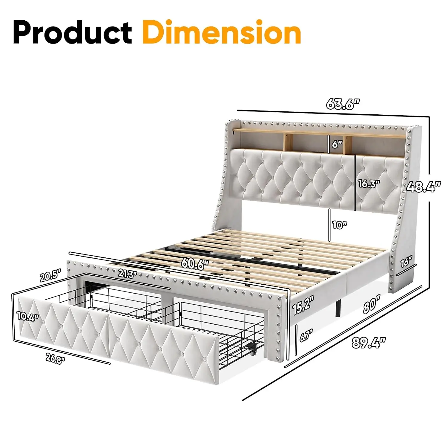 1000lbs Queen Size Bed Frame with Storage Headboard, Wood 3-Tier Tall Storage Headboard Wingback, Upholstered, Customized