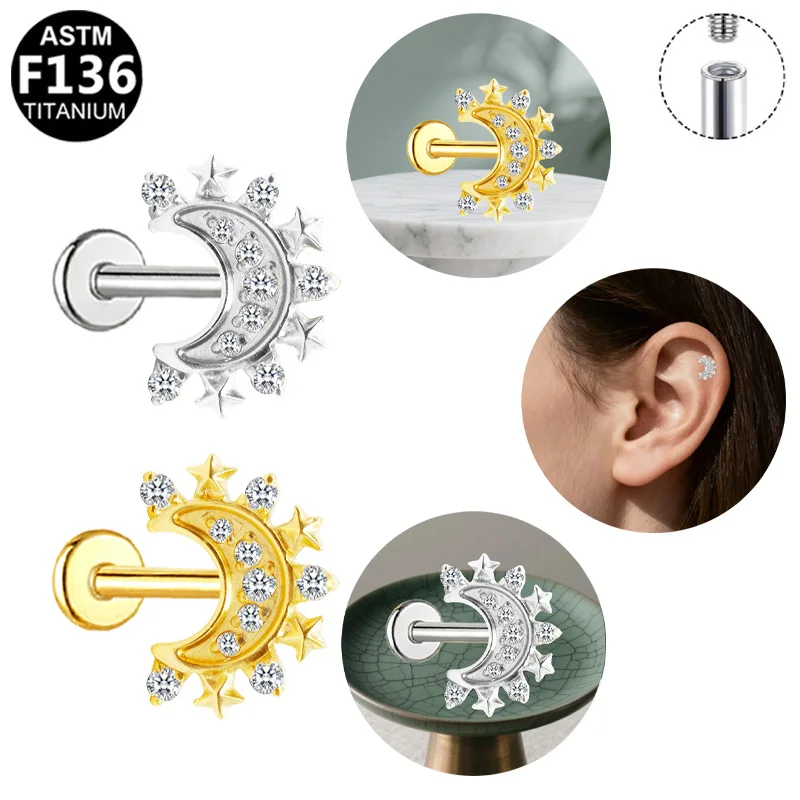 Star Surrounded Paved CZ Crescent Moon Cartilage Stud ASTM F136 Titanium Internal Thread Flat Back Wicca Style Lip Labret Pierci