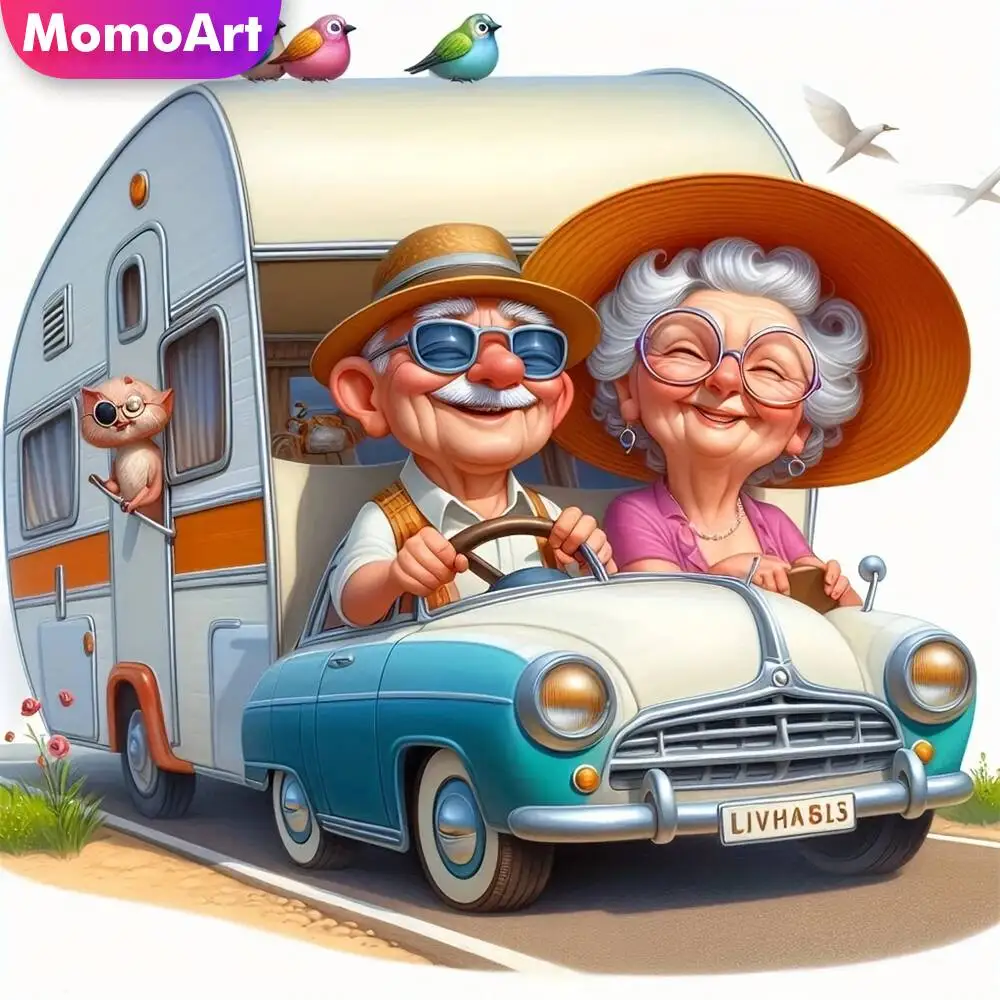 Momoart Full Diamond Mosaic Grandma Grandpa Portrait Painting Cartoon Motor Home Diamond Embroidery Old People Handicraft