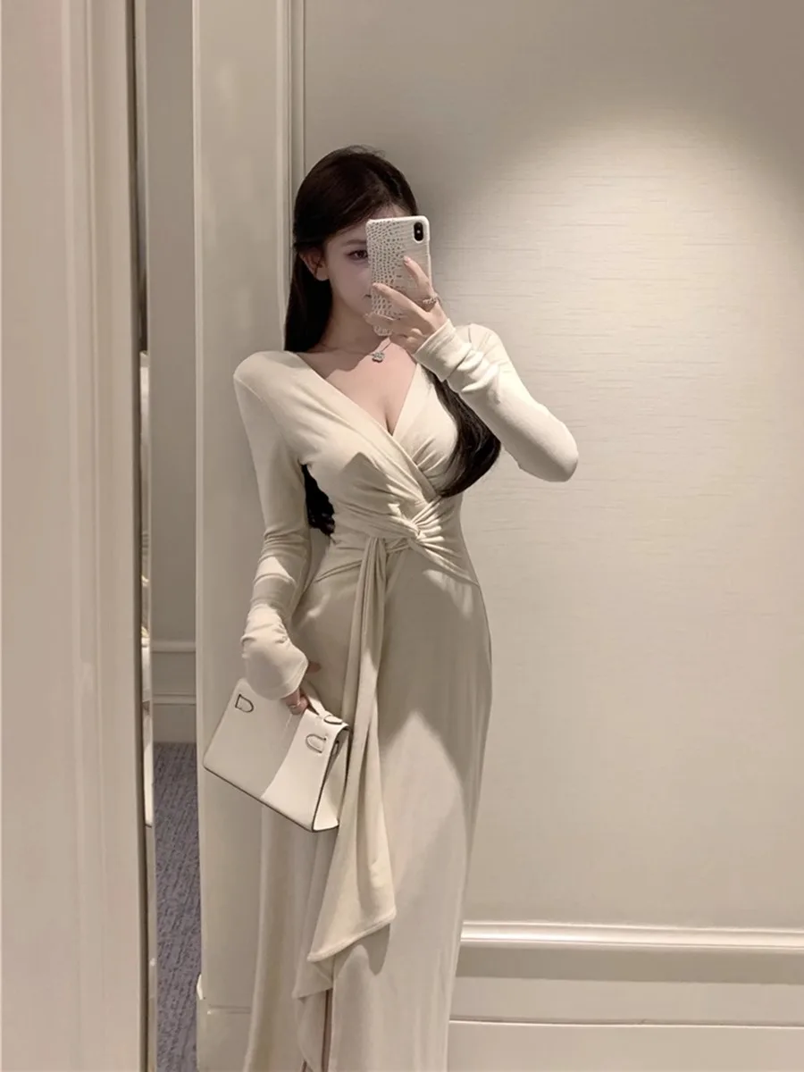 Vestido E Rosa com Decote em V e Mangas Longas para Mulheres, Primavera e Outono, Saia Dividida, Sexy, Cintura Alta, M...