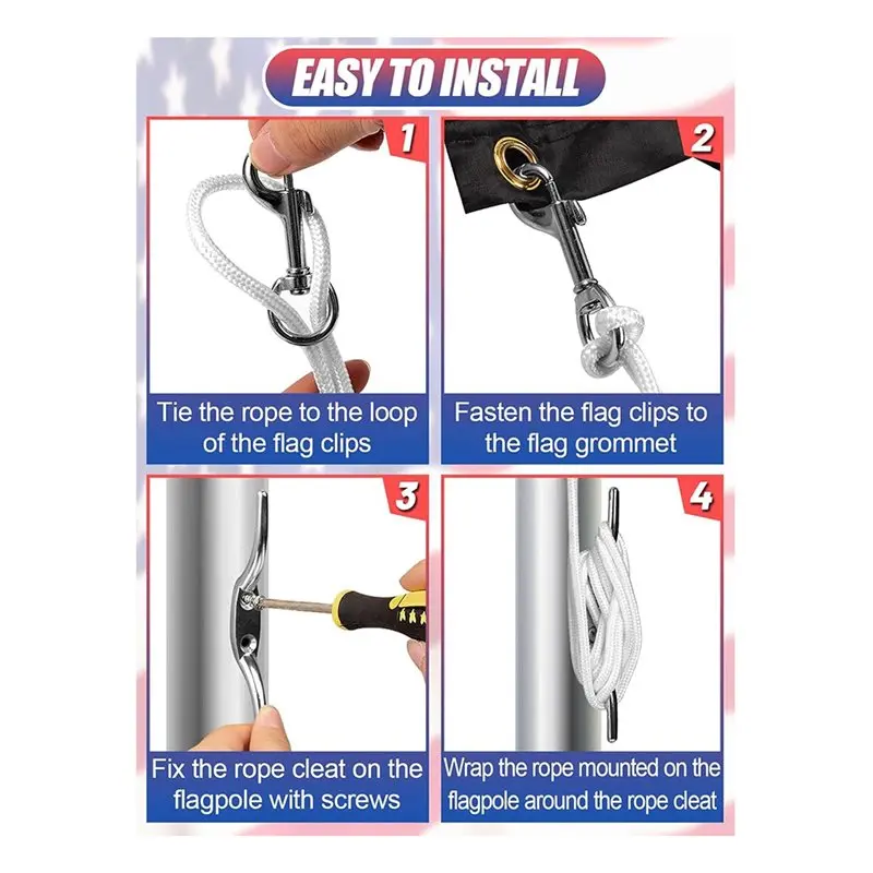 L68A Flag Rope And Clips Kit - 50Ft Flag Pole Rope Halyard With Cleat Hook & 4 Pcs Swivel Snap Clips For Flagpoles Up To 25Ft