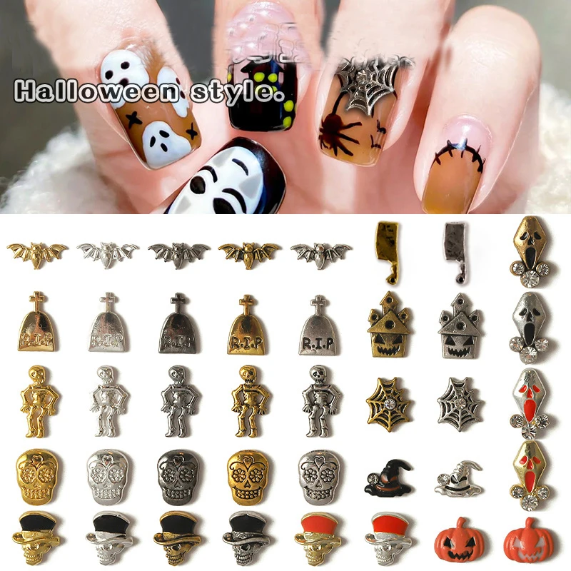 

Halloween Diamond Metal Retro Vintage Nail Charms Rhinestone Alloy Gold Silver 3D Art Decoration Skull Zircon Parts Accessories