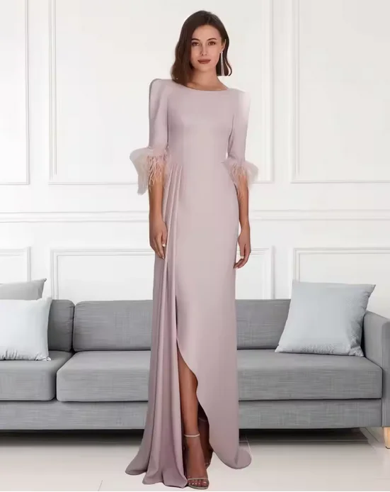 

Evening Gown Elegant Dress Formal Wedding Guest Floor Length 3/4 Length Sleeve Jewel Neck with Feather Ruched 2026