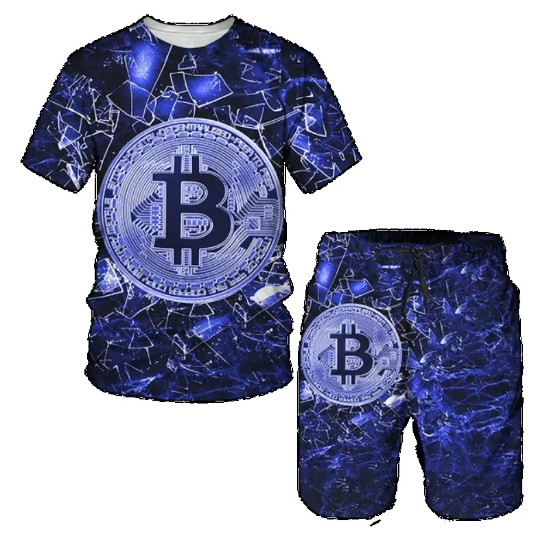 Set Kaos Lengan Pendek Oversize Pria 2025 Pakaian Olahraga Setelan Camping Kaos & Celana Pendek Cetak 3D Bitcoin Modis