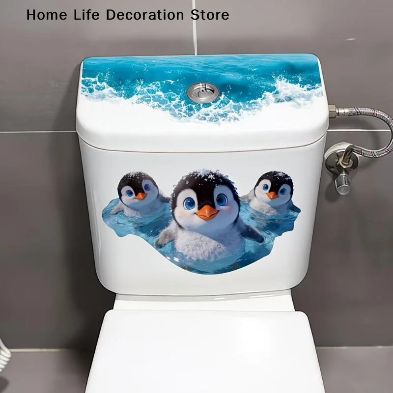 【H】Cute Swimming Penguin Toilet Sticker Waterproof Bathroom Wall Sticker Self-Adhesive Removable Decals Home Decor