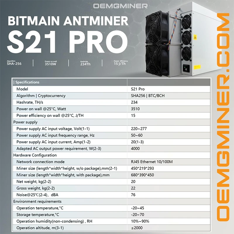 Brand New Bitmain Antminer S21pro 234T 3510W Bitcoin Miner BTC BCH Asic Mining Machine Ultra Low Power Internal Power Supply