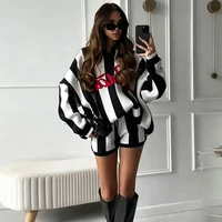 Women 2 Piece Striped Knit Loungewear Oversized V Neck Letter Embroidery Sweater Shorts Casual Matching Set Tracksuit Streetwear 2