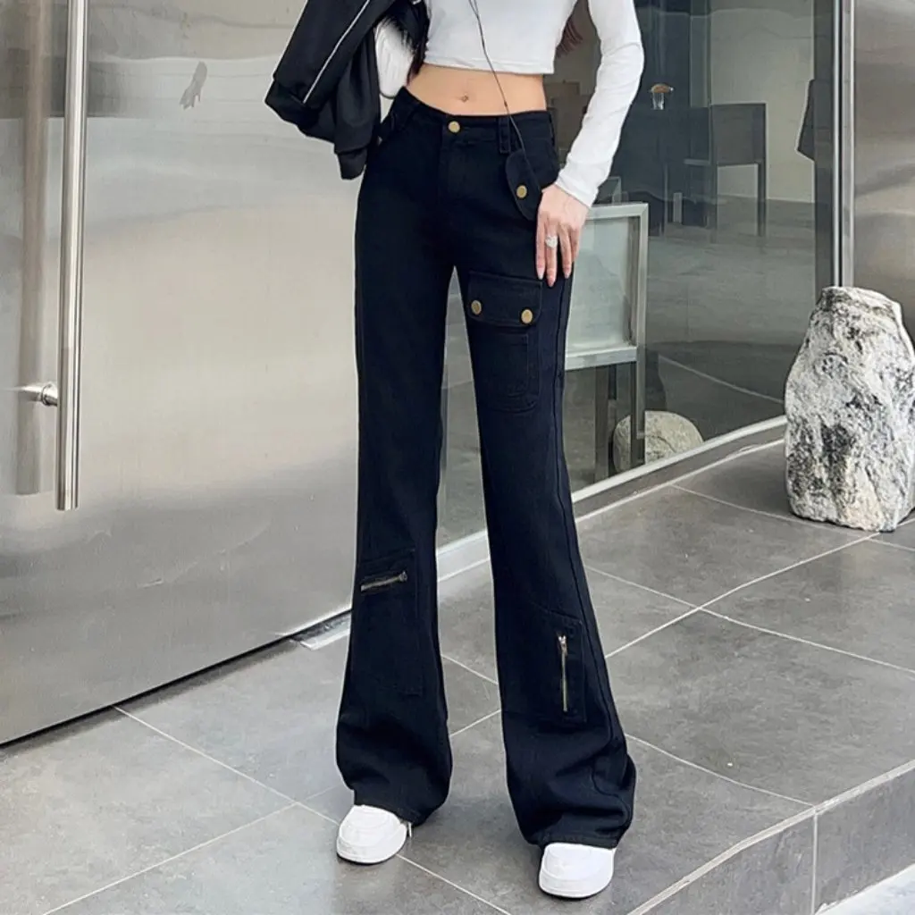 Damskie spodnie ogrodniczki z prostymi nogawkami, ciężki materiał, styl casual, dżinsy bootcut, luźny krój, dopasowane, modne spodnie uliczne, wiosna