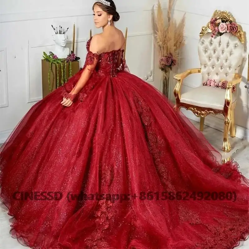 Бордовое блестящее платье Quinceanera для милой 16-летней девушки бальное платье Пышное со съемным рукавом Кружевное платье с аппликацией