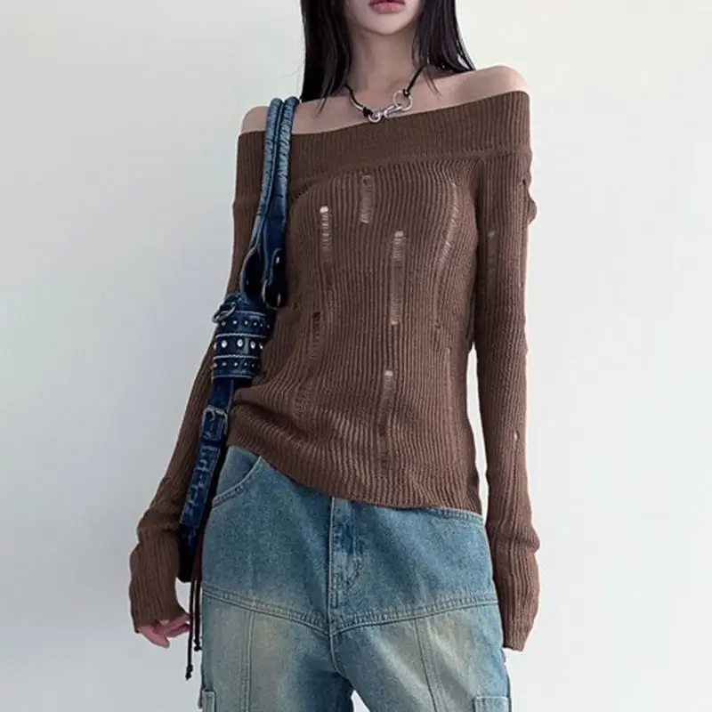 Knit Sweater One Shoulder Off Shoulder Ripped Side Drawstring See Through Slash Neck Solid Sweater For Spring Fall Women’S