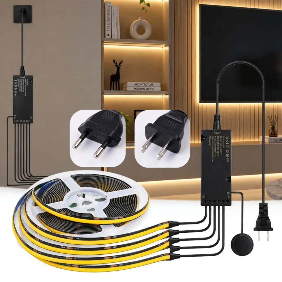 COB LED Strip Light Set Multi-output Power Adapter Touch Dimmer Switch High Density Flexible COB Tape Light for Cabinet Lighting